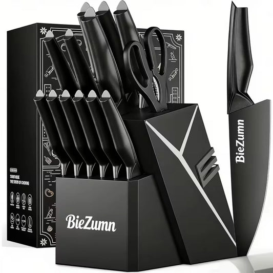 Stainless Steel Kitchen Knife Set With Block And Integrated Sharpener