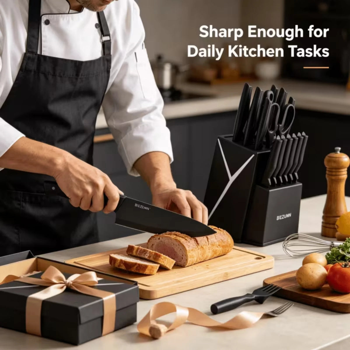Stainless Steel Kitchen Knife Set With Block And Integrated Sharpener