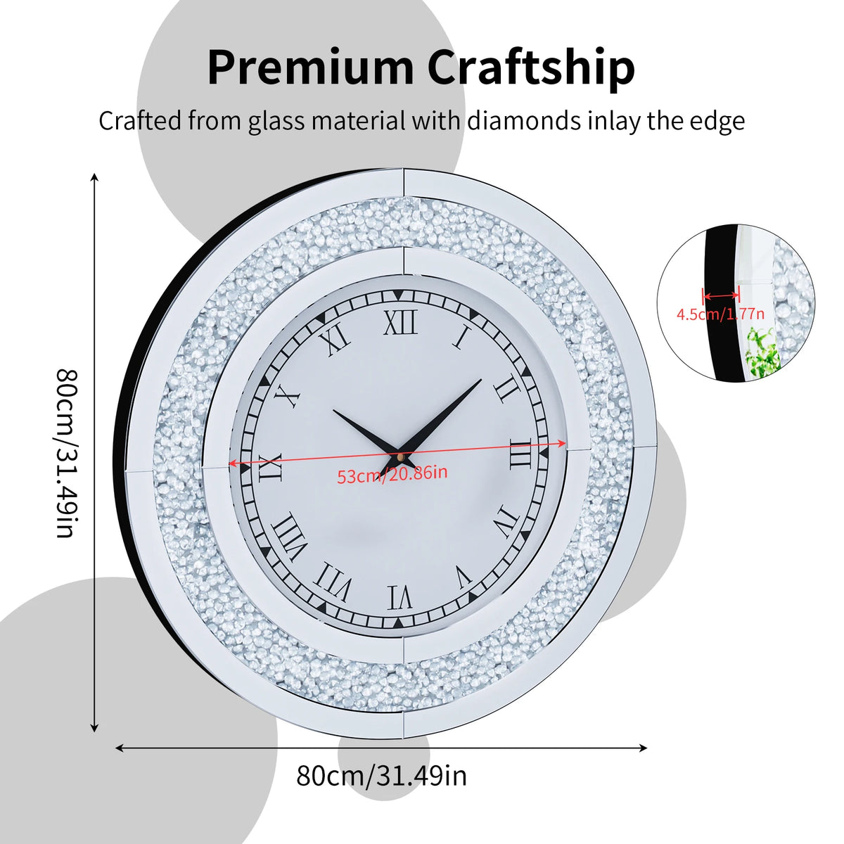 Round Mirror Wall Clock Crystal Sparkle Non-Ticking Alarm Movement
