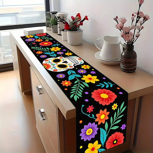 Floral Sugar Skull Table Runner Day Of The Dead Mexican Fiesta