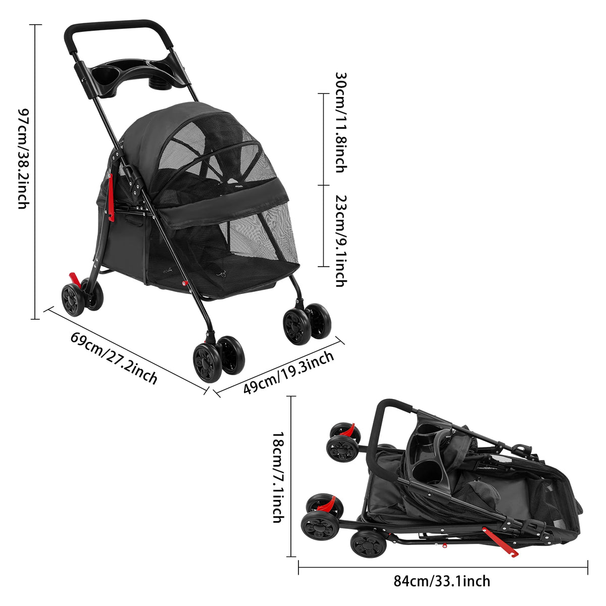 Foldable Ventilated Pet Stroller For Small Dogs And Cats