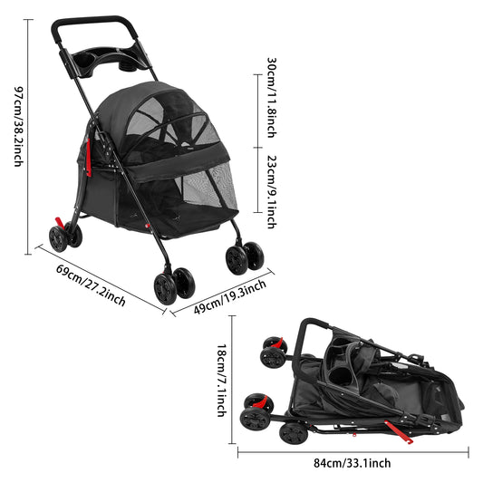 Foldable Ventilated Pet Stroller For Small Dogs And Cats