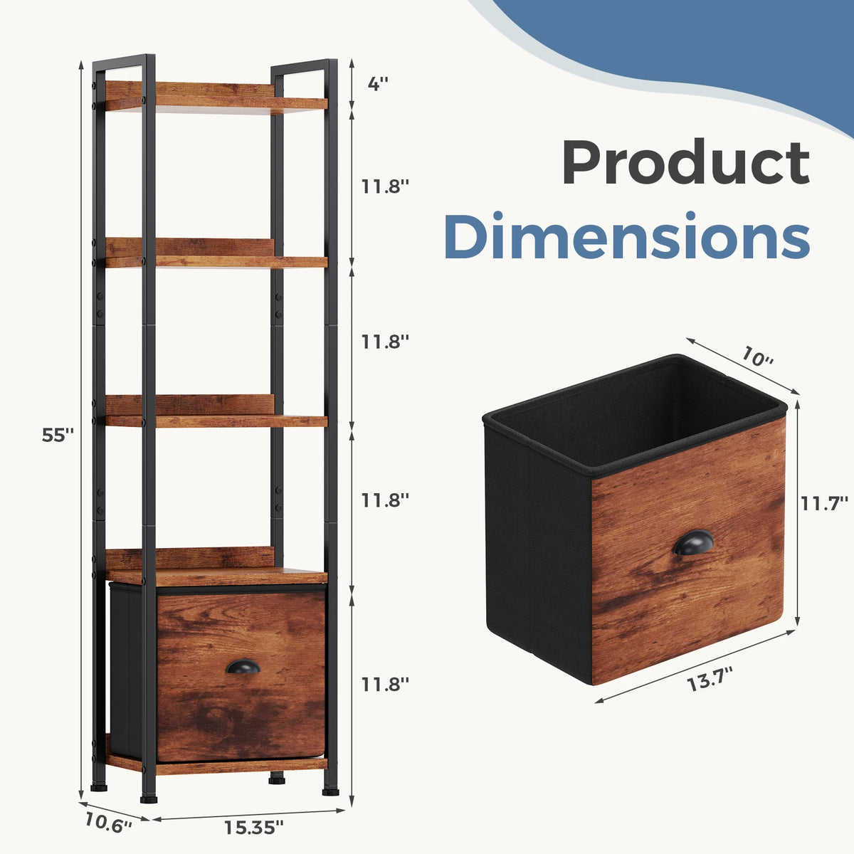JHK Five Tier Wood Bookshelf With Fabric Drawer And Storage Organizer