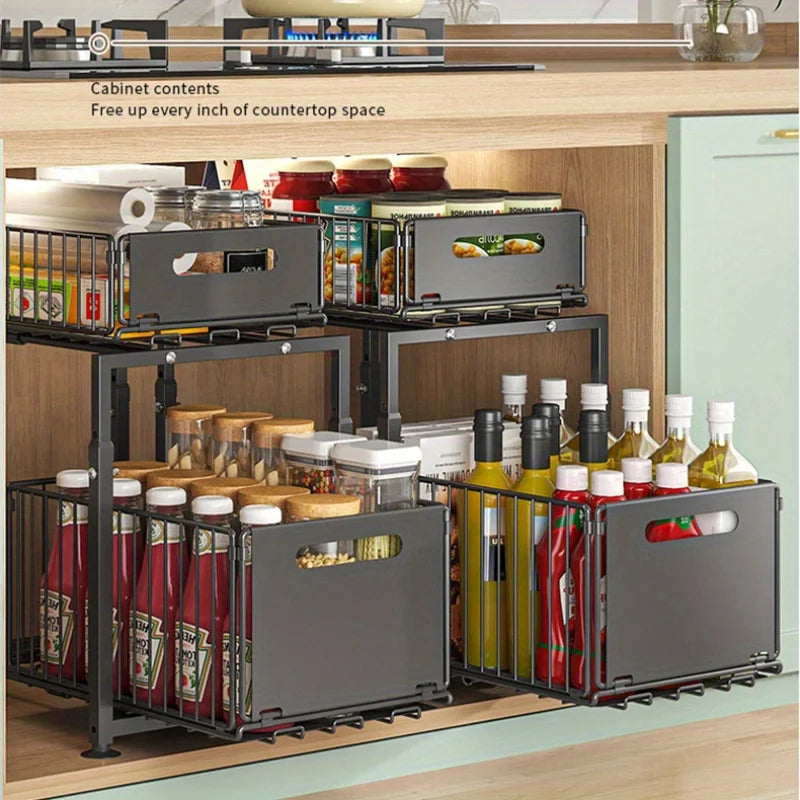AEHOME Two Tier Slide Out Cabinet Organizer For Kitchen Storage