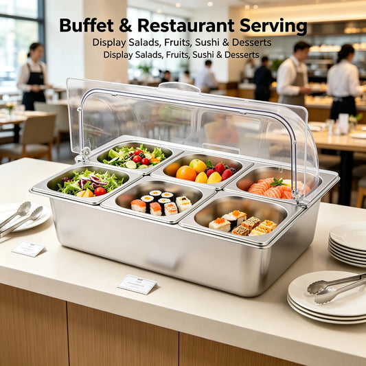 Dual Use Buffet Serving Station With Six Stainless Steel Pans