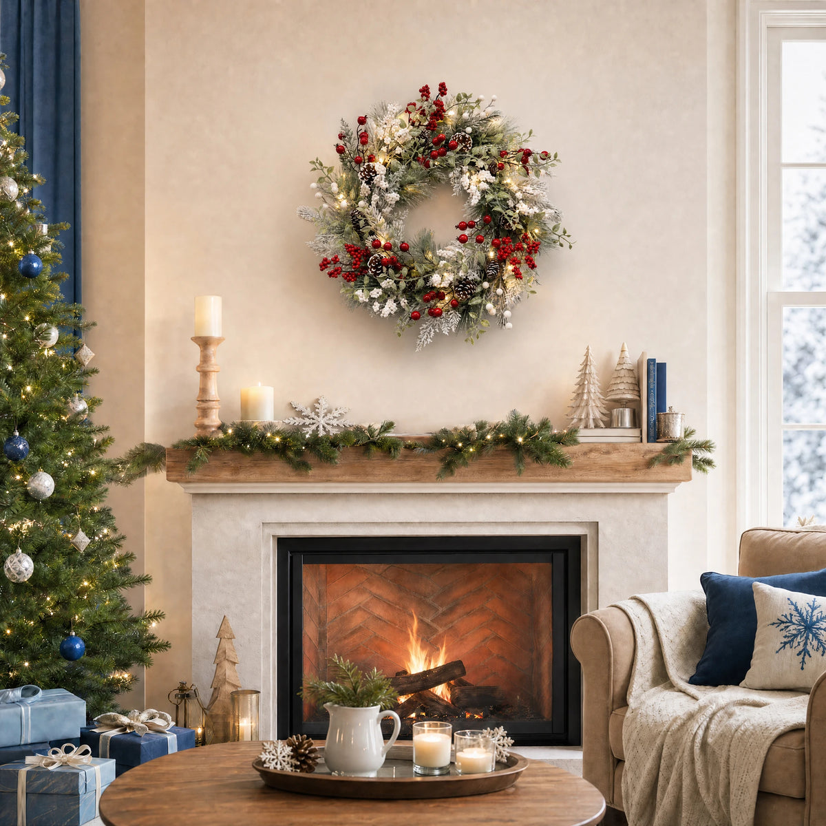 GAOMON Pre Lit Christmas Wreath With Integrated LED Lights