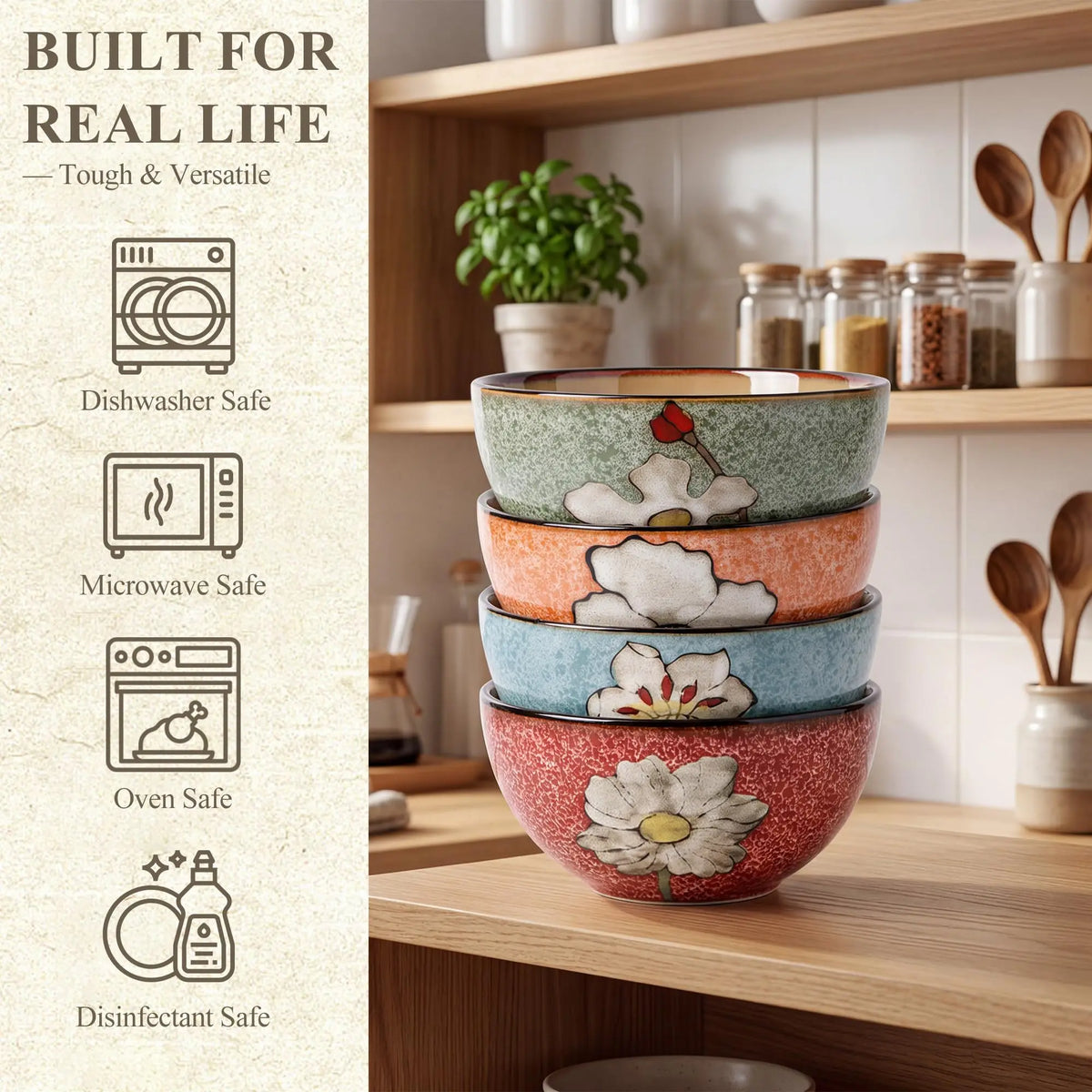 Hand Painted Floral Ceramic Cereal Bowls Set With Classic Design
