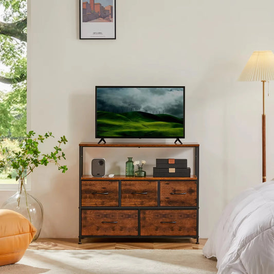 JHK Modern Fireplace TV Stand With Five Fabric Storage Drawers