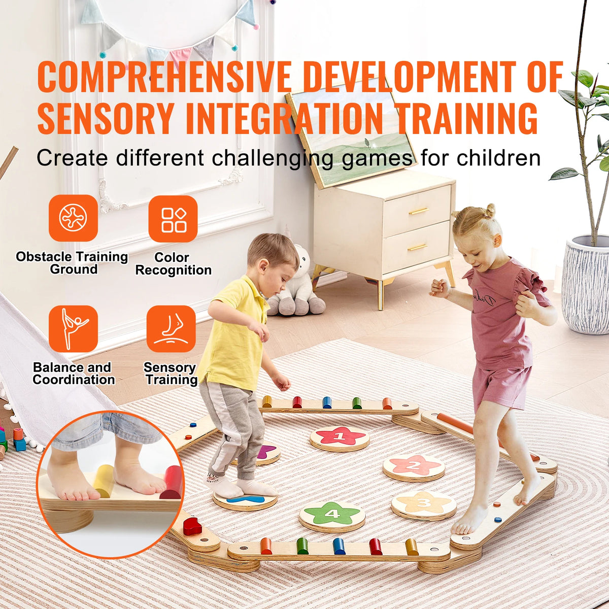 SucceBuy Wooden Balance Beam Stepping Stones Montessori Toy