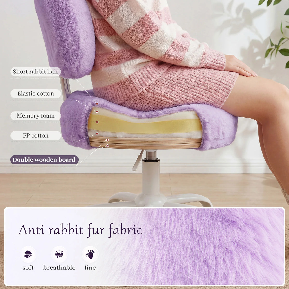 EnHomee Adjustable Faux Fur Vanity Chair With Rotating Base