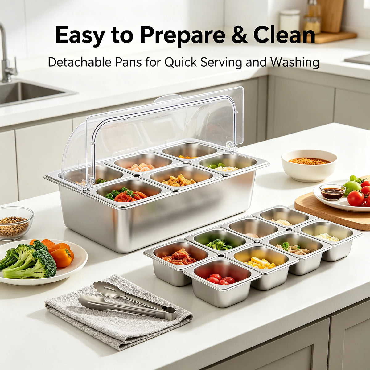 Dual Use Buffet Serving Station With Six Stainless Steel Pans