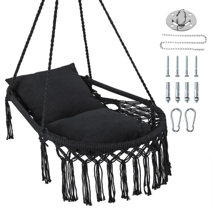 Boho Macrame Swing Chair With Cushions For Indoor Outdoor Use