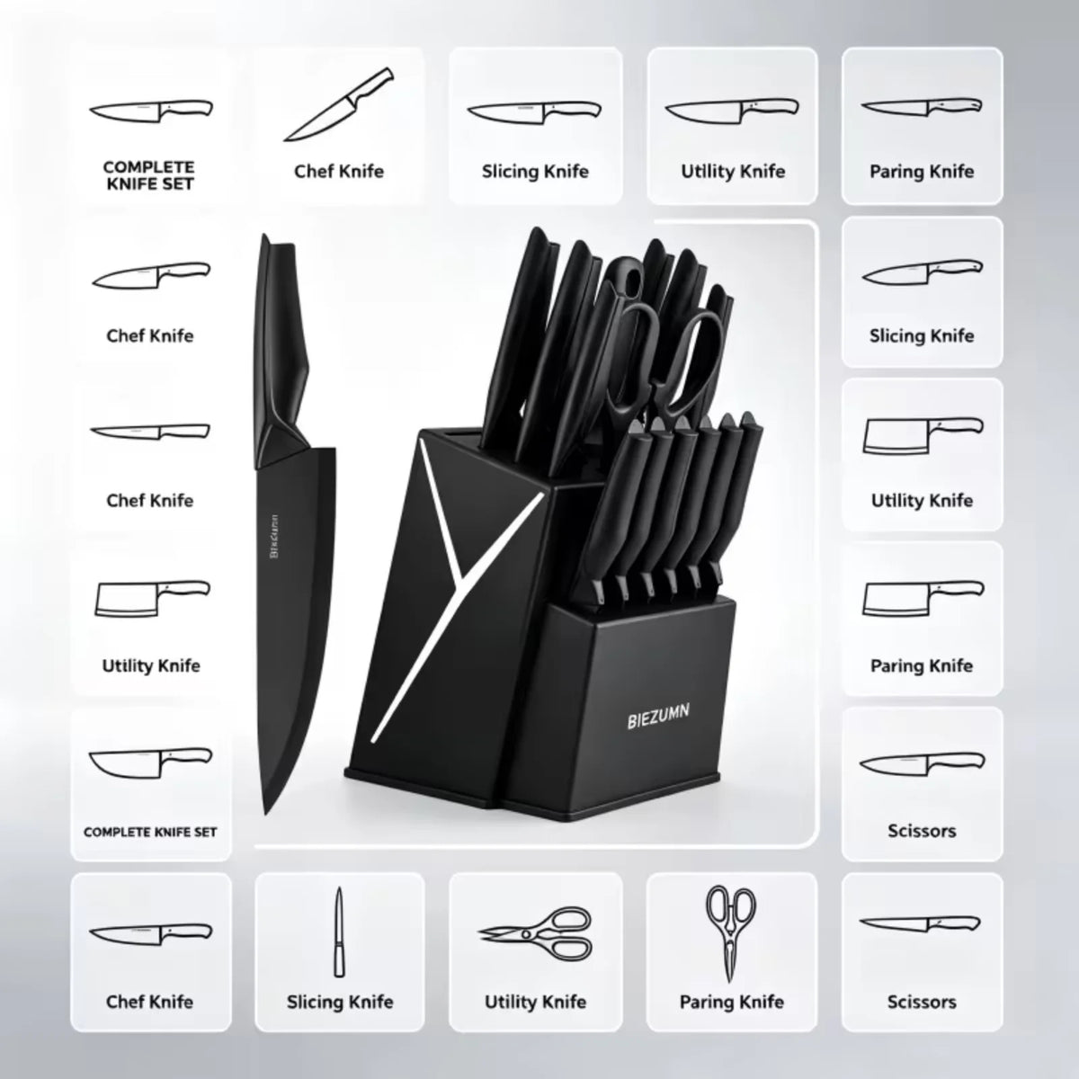 Stainless Steel Kitchen Knife Set With Block And Integrated Sharpener