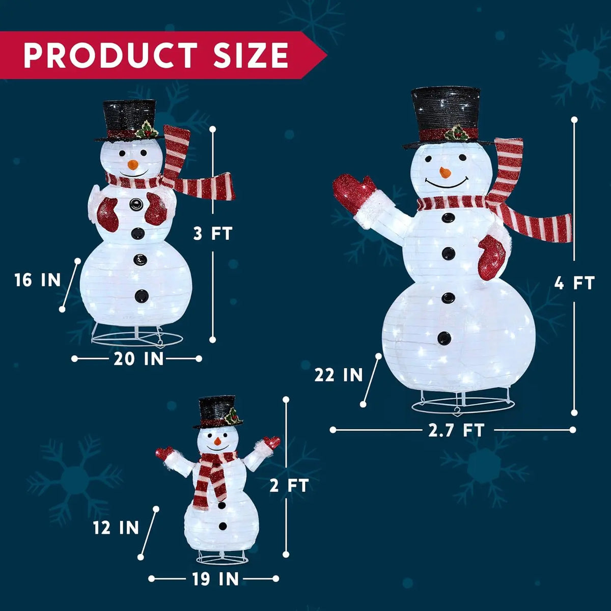 Joyfy 3 Pack Christmas Collapsible Snowman Yard Light Set