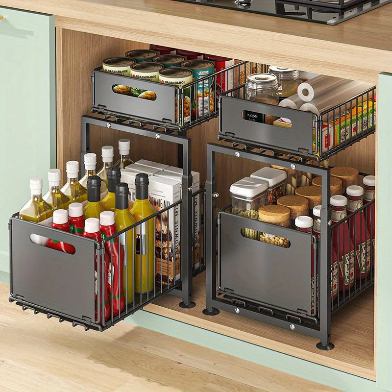 AEHOME Two Tier Slide Out Cabinet Organizer For Kitchen Storage