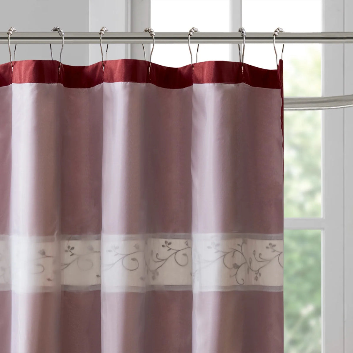 Faux Silk Embroidered Floral Shower Curtain Jacquard Water Repellent Finish