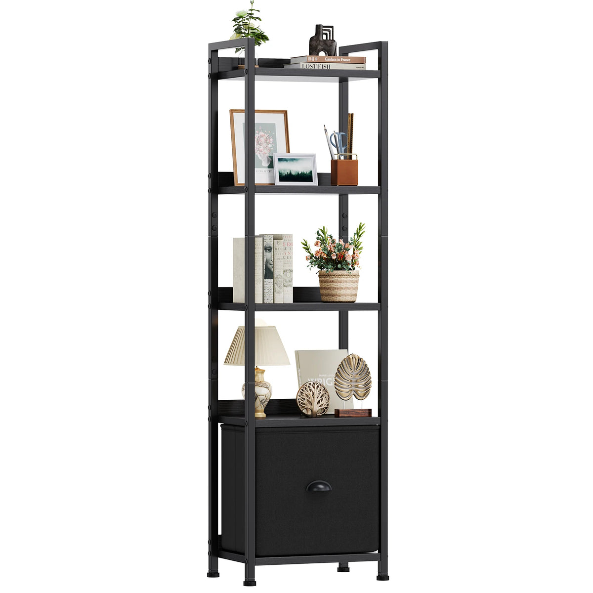 JHK Five Tier Wood Bookshelf With Fabric Drawer And Storage Organizer