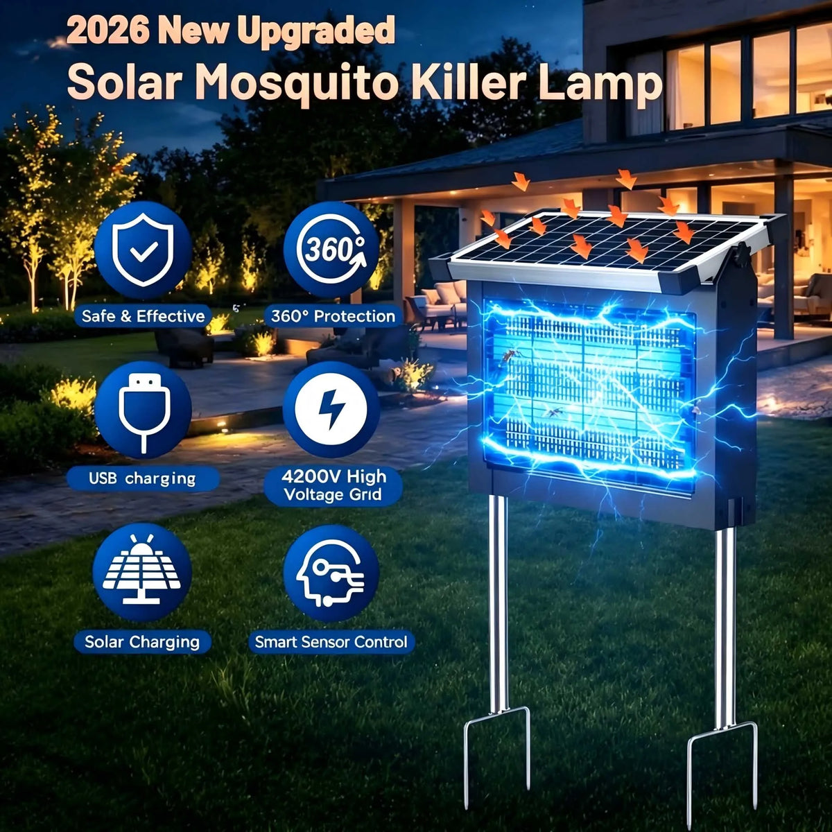 Waterproof Solar Bug Zapper With 4500V Grid For Garden Patios