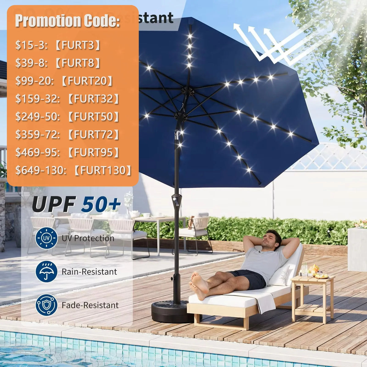 HiMiss Solar Patio Umbrella With LED Lights And UV Protection