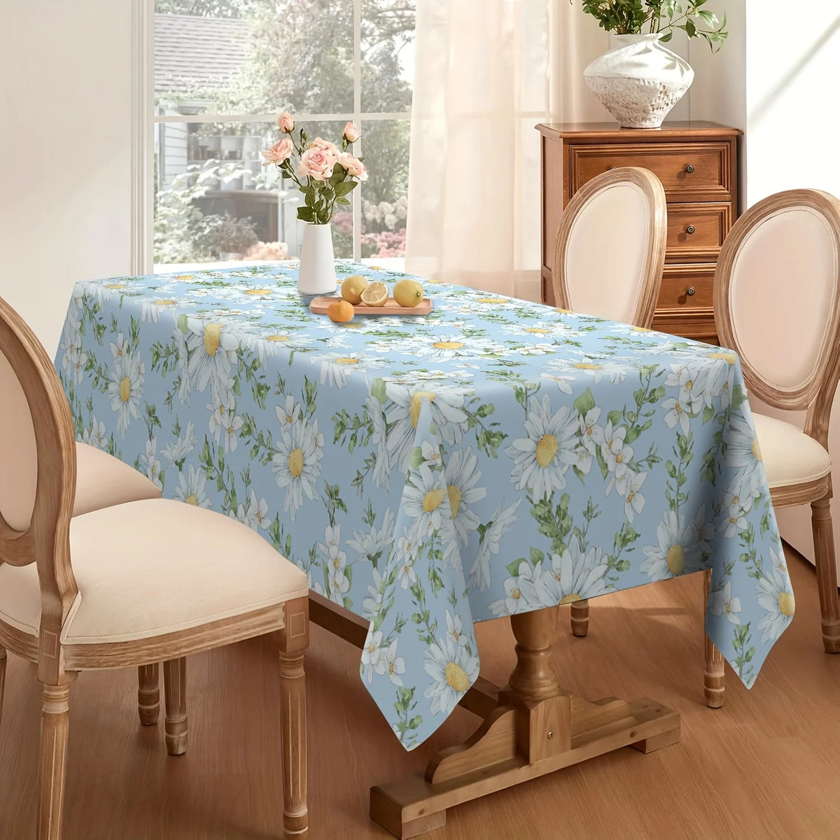 Rectangular Daisy Floral Polyester Tablecloth for Dining and Picnics