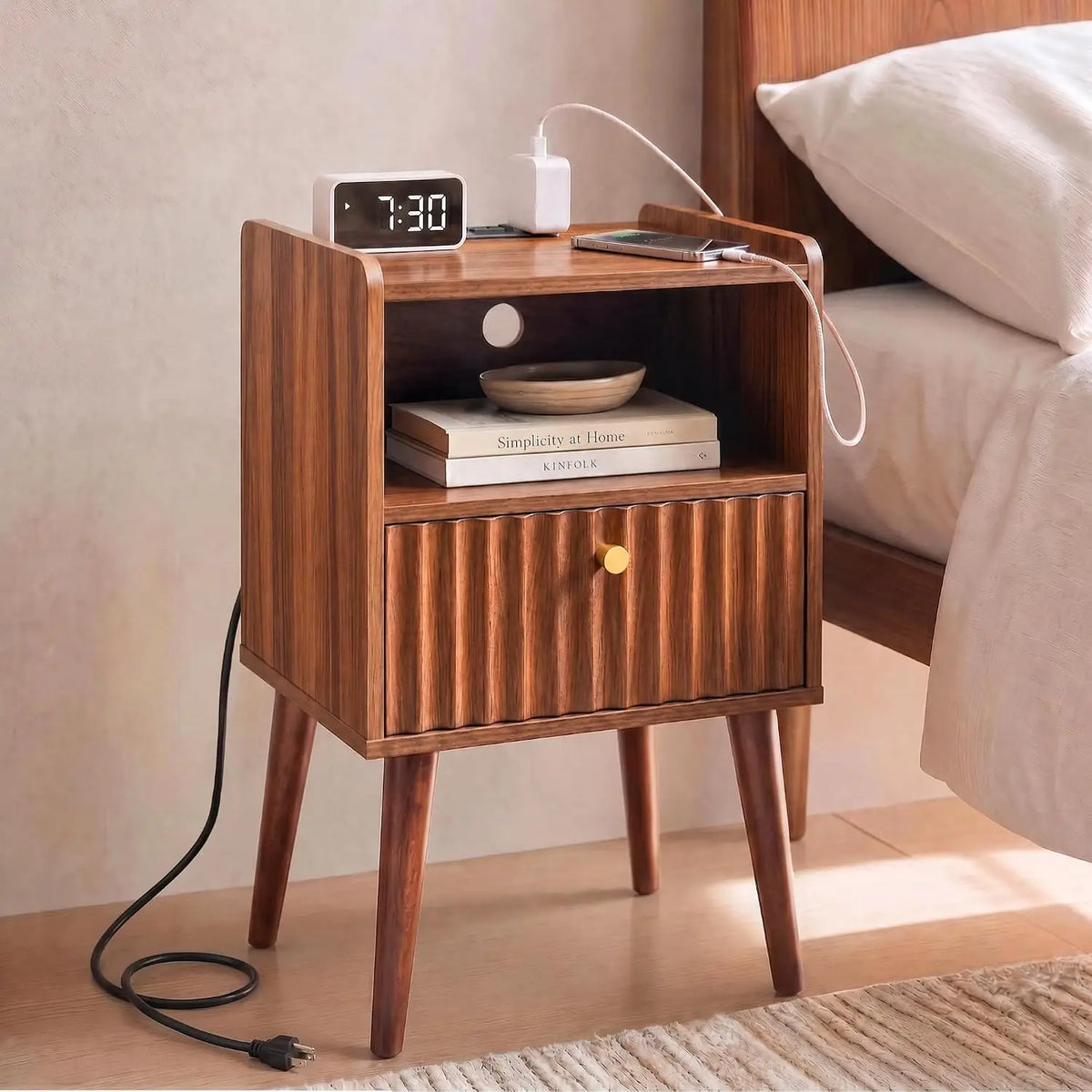 Novilla Wood Nightstand Featuring Dual USB Charging Station