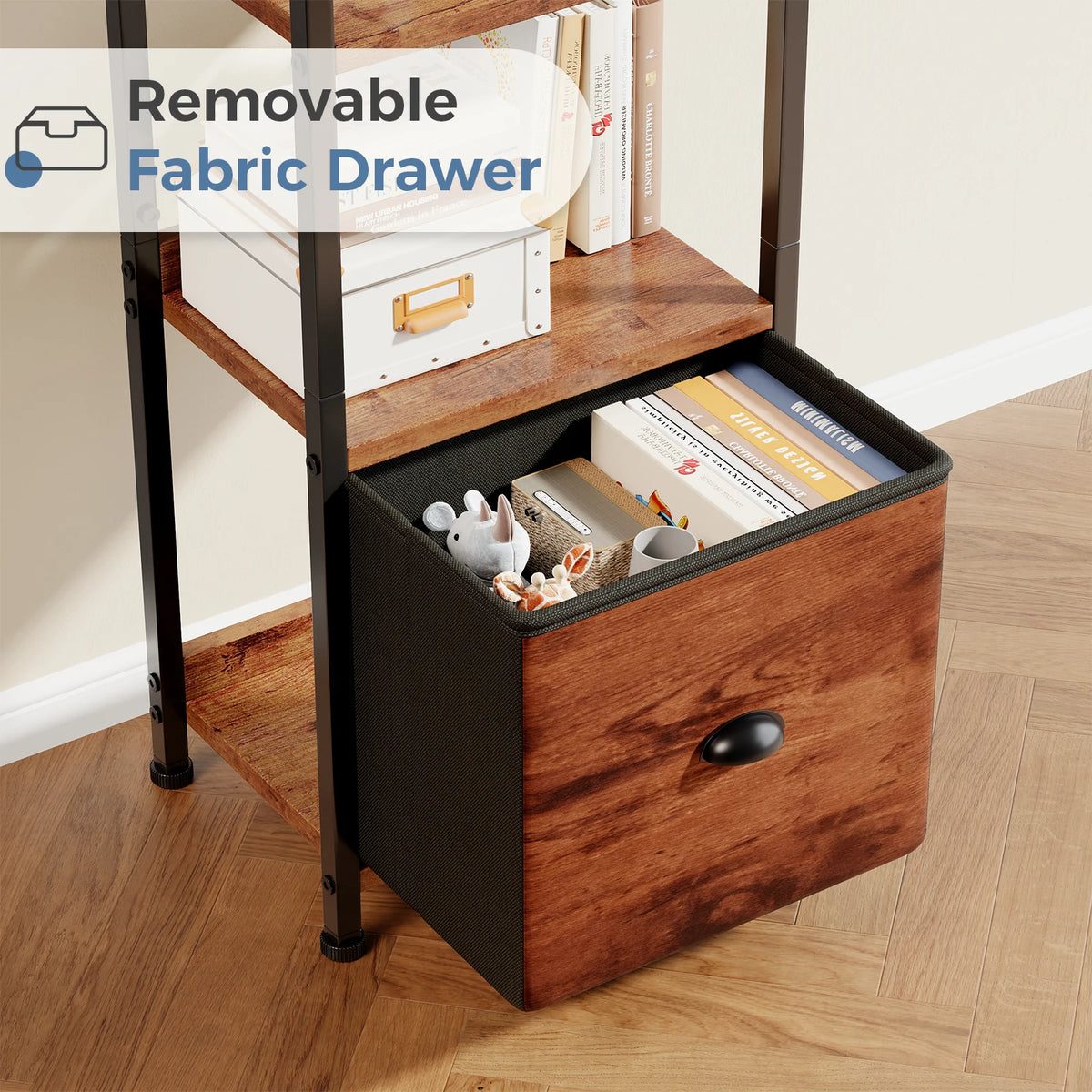 JHK Five Tier Wood Bookshelf With Fabric Drawer And Storage Organizer