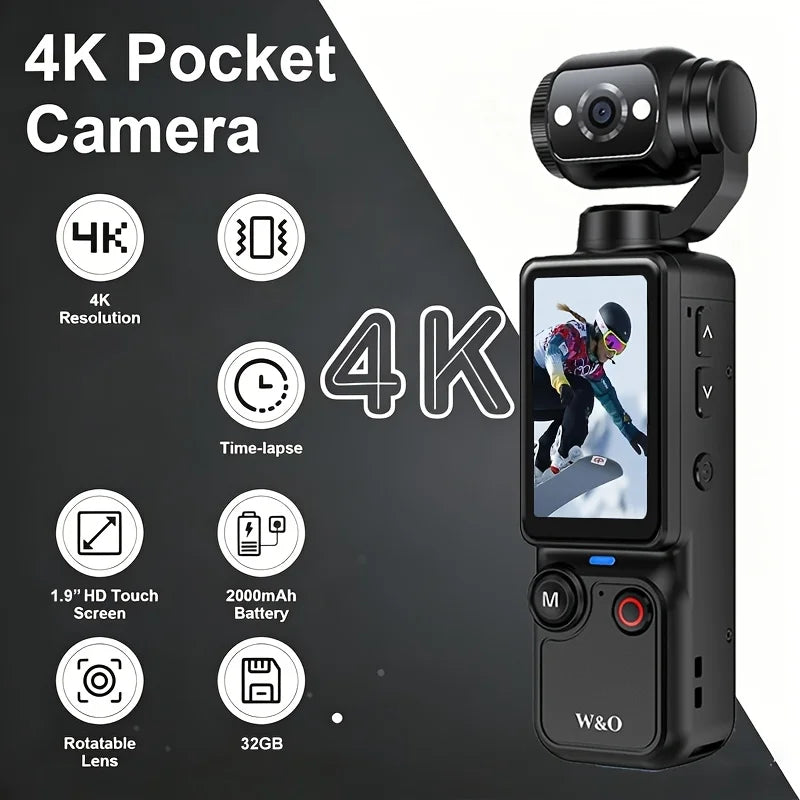 W&O 4K Sports Camcorder With Flip Screen And Tripod