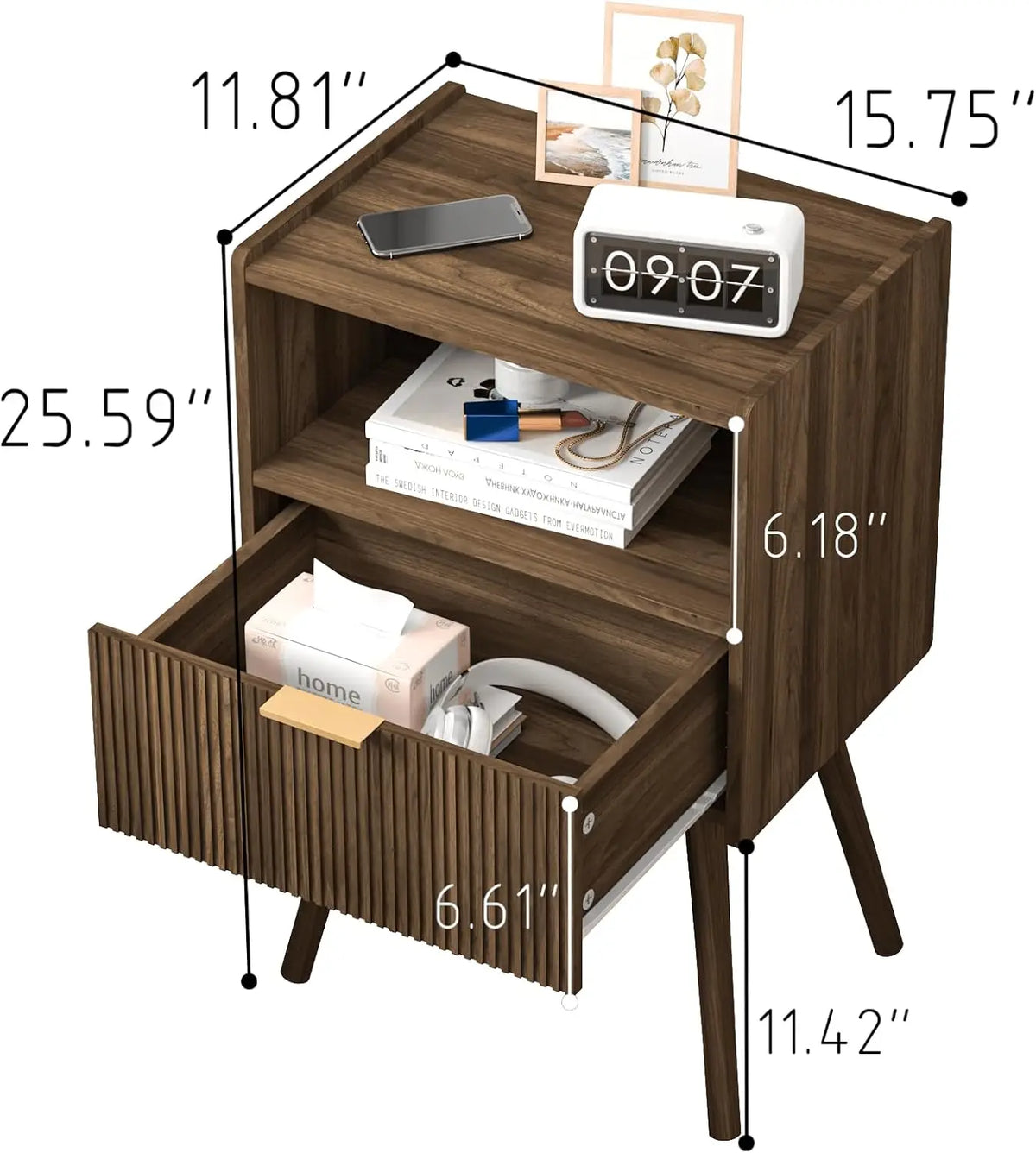 Novilla Modern Wood Nightstand With Storage Drawer And Shelf