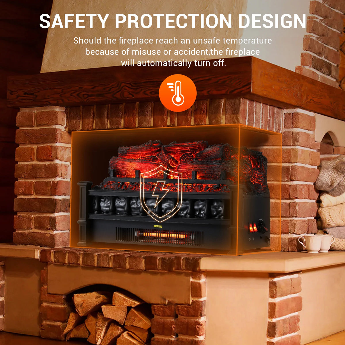 1500W Electric Fireplace Log Insert Heater With Thermostat Crackling Sound