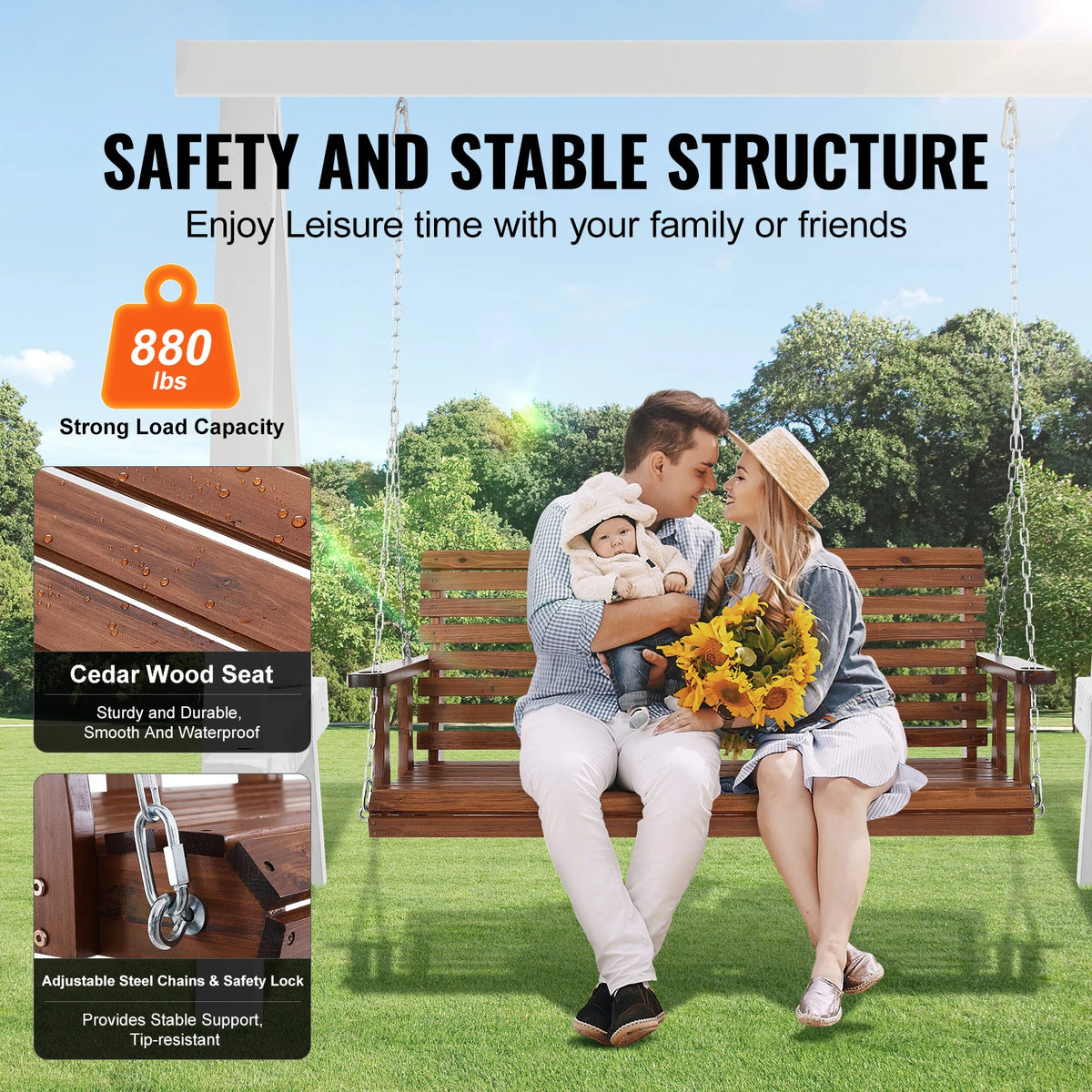 SucceBuy Wooden Porch Swing With Steel Chains For Patio Seating