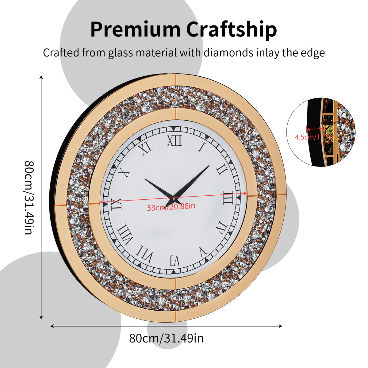Round Mirror Wall Clock Crystal Sparkle Non-Ticking Alarm Movement