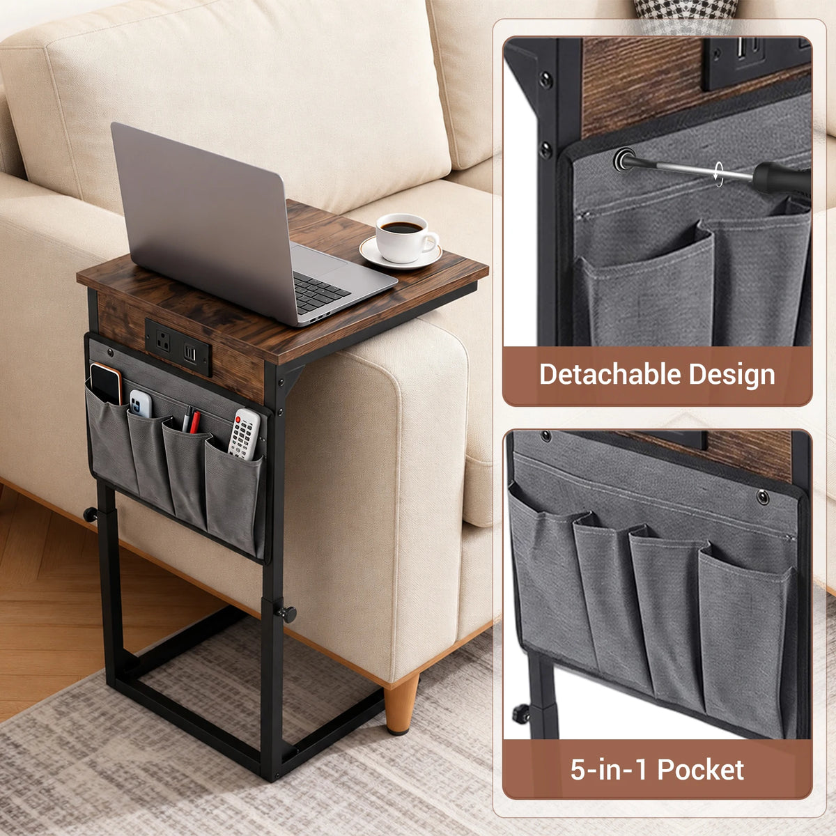 HiMISS Adjustable C Shaped End Table With USB Charging Station