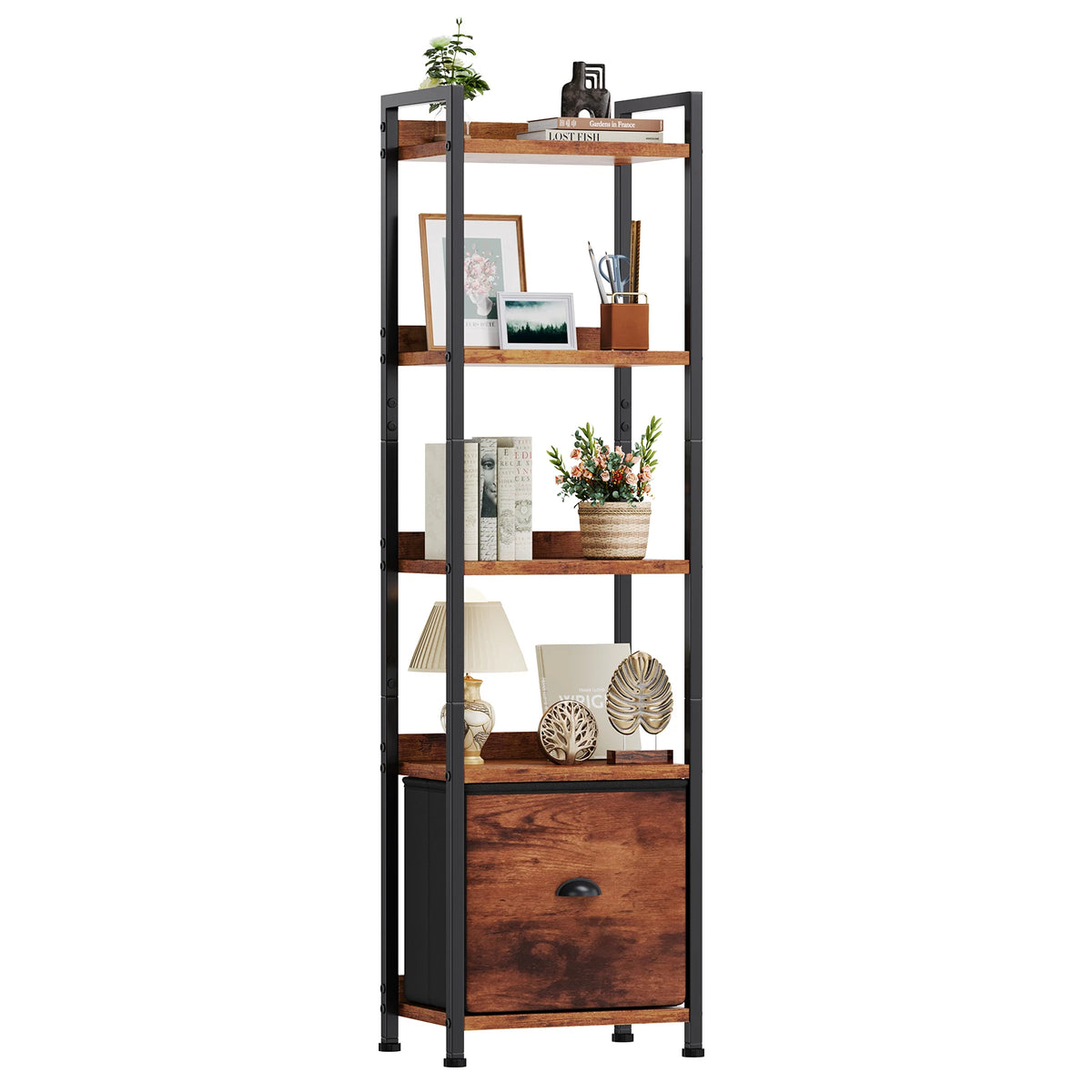 JHK Five Tier Wood Bookshelf With Fabric Drawer And Storage Organizer