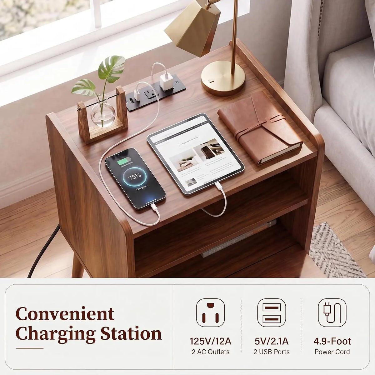 Novilla Wood Nightstand Featuring Dual USB Charging Station
