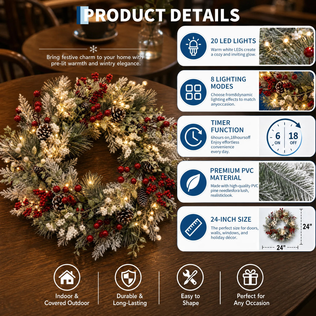 GAOMON Pre Lit Christmas Wreath With Integrated LED Lights