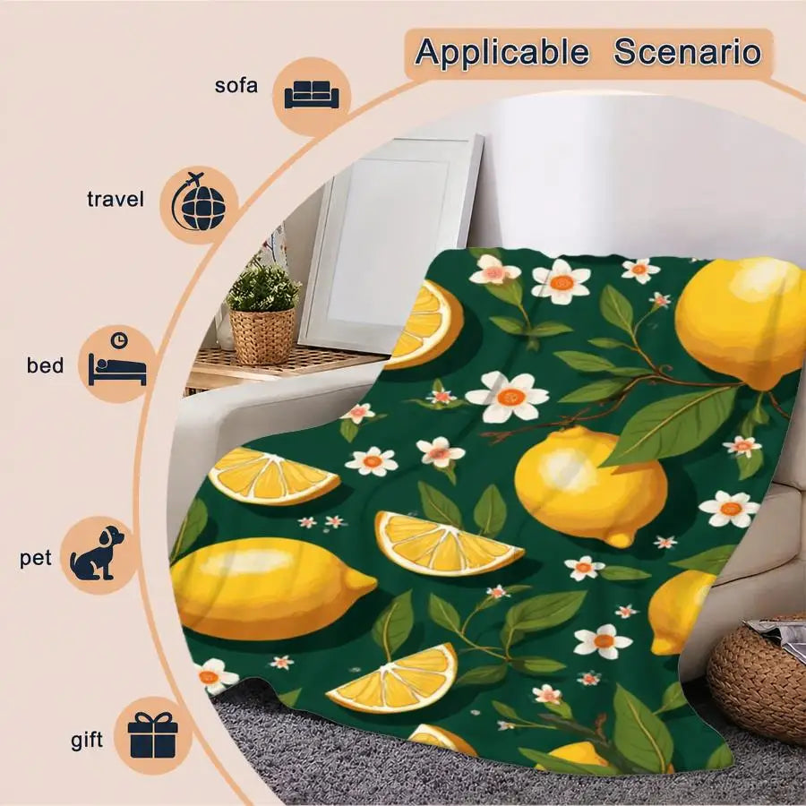 Premium Flannel Throw Blanket With Lemon Blossom Pattern