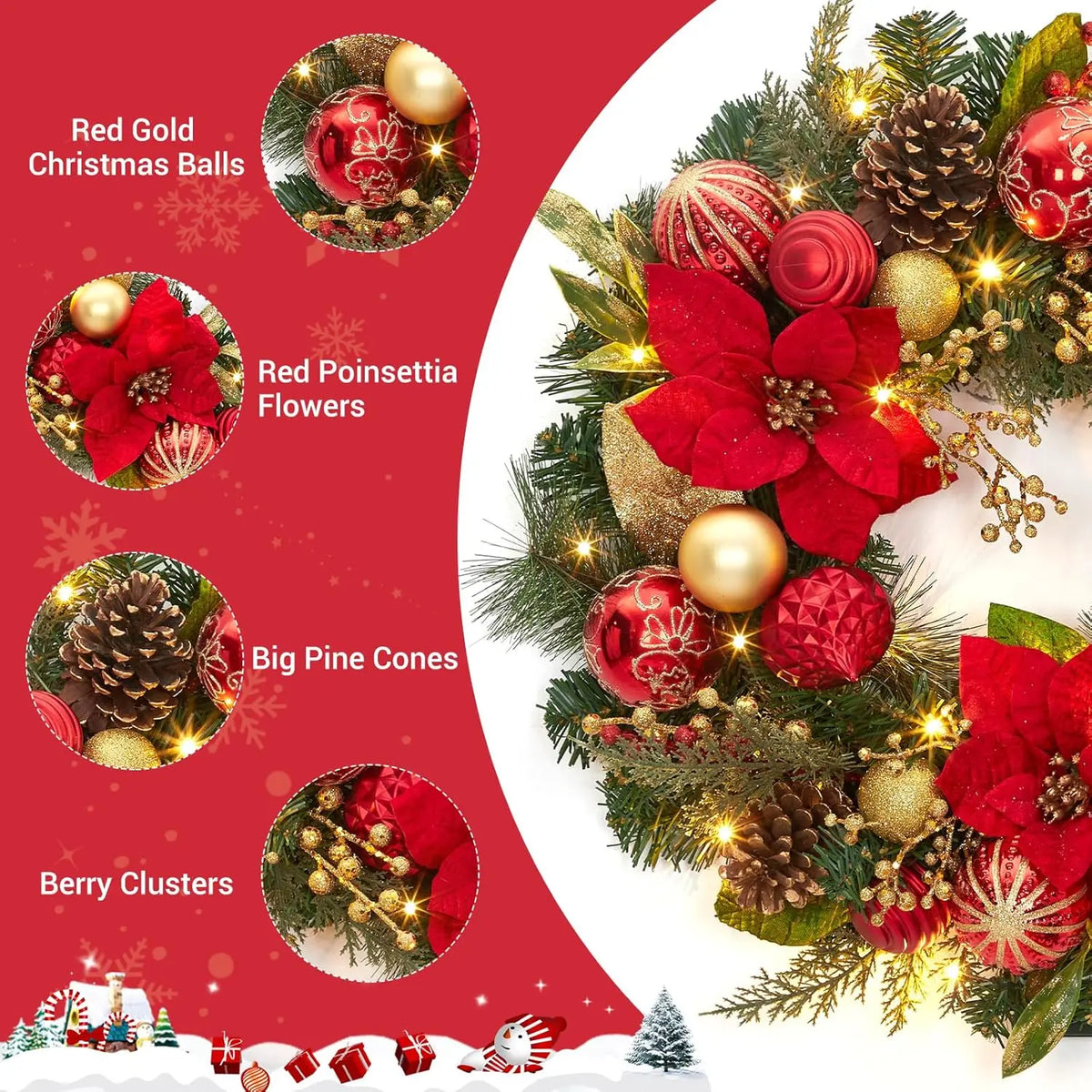 Lighted Christmas Wreath With LED Balls for Outdoor Door Decor