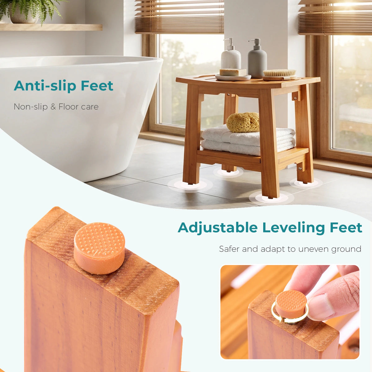 MCQ Waterproof Wooden Shower Bench With Storage Shelf For Home