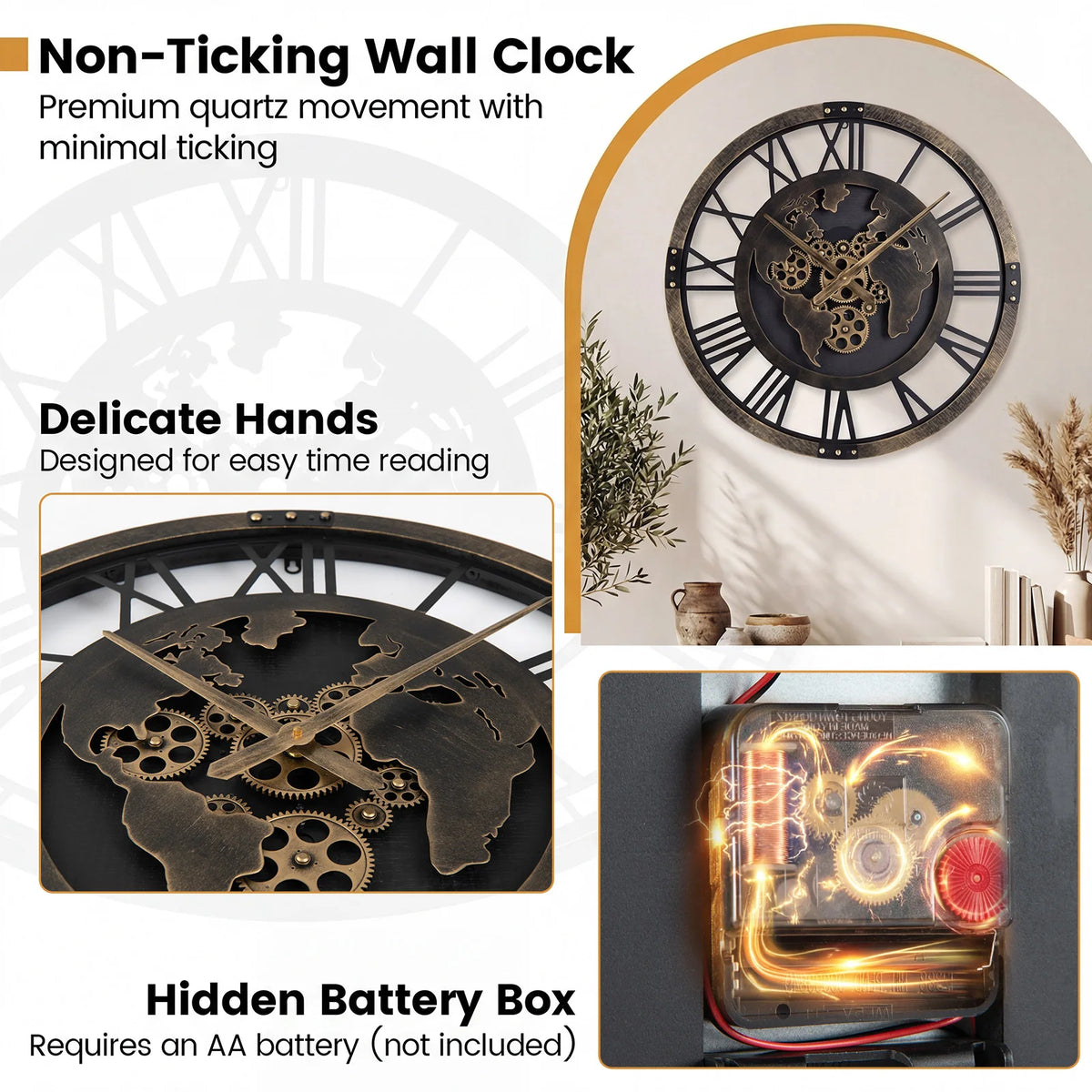 HOMASIS World Map Gear Wall Clock Decorative Silent Metal Design