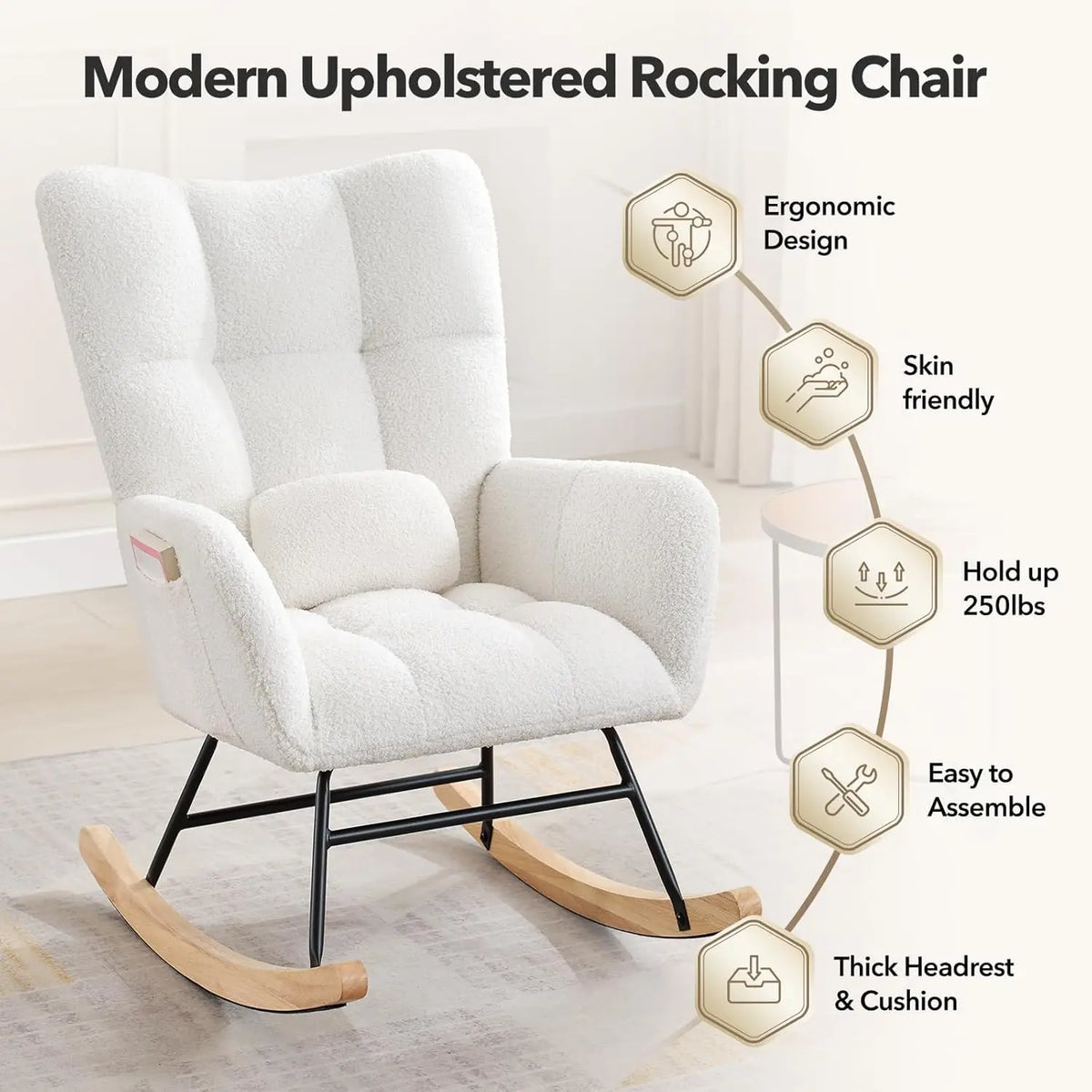 Studyset Modern Teddy Boucle Rocking Chair Side Pocket Living Room
