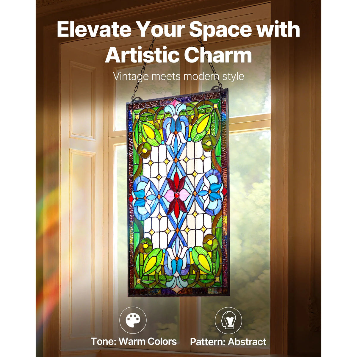 SucceBuy Tiffany Style Stained Glass Hanging Window Panel With Chain