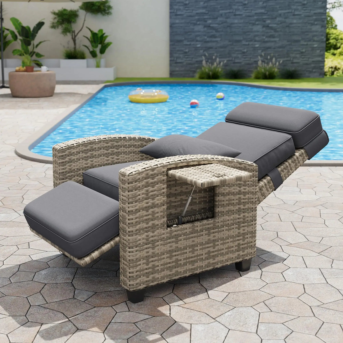 Adjustable Wicker Recliner With Footrest And Flip Up Side Table