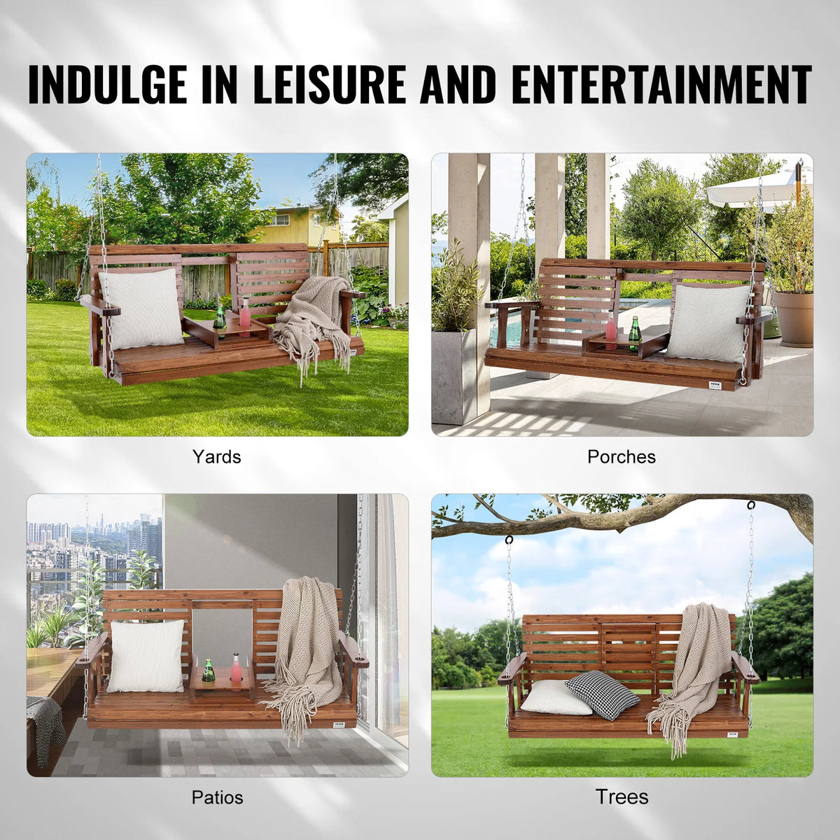 SucceBuy Wooden Porch Swing With Steel Chains For Patio Seating