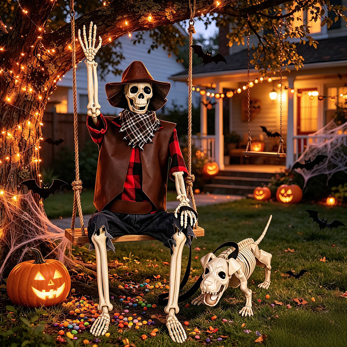 Western Cowboy Skeleton With Poseable Joints For Halloween Yard Decor