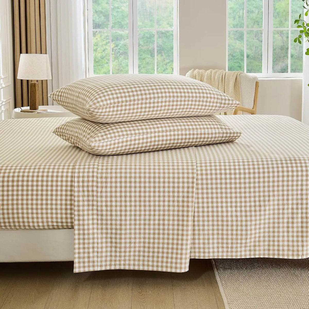 Gingham Washed Cotton Sheet Set Soft Deep Pocket Bedding