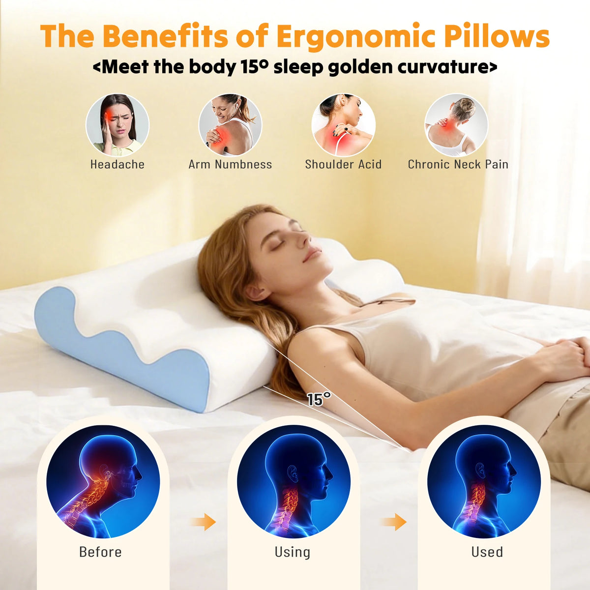 JHK Ergonomic Contour Memory Foam Pillow With Cooling Washable Cover