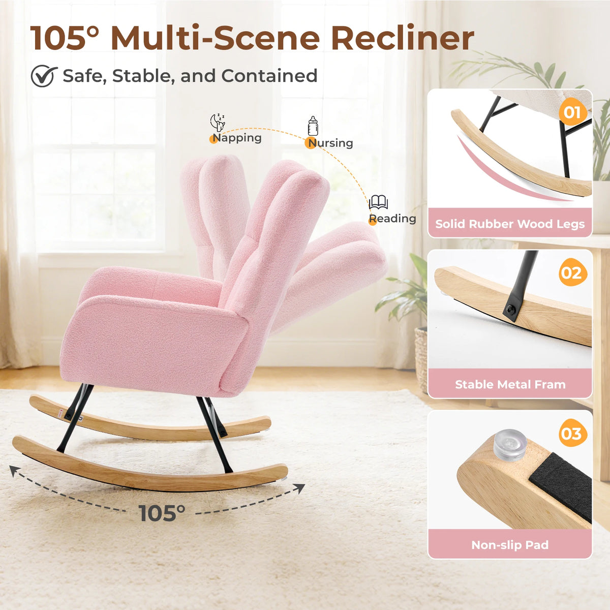 JHK Modern Velvet Saucer Rocking Chair With Padded Metal Frame