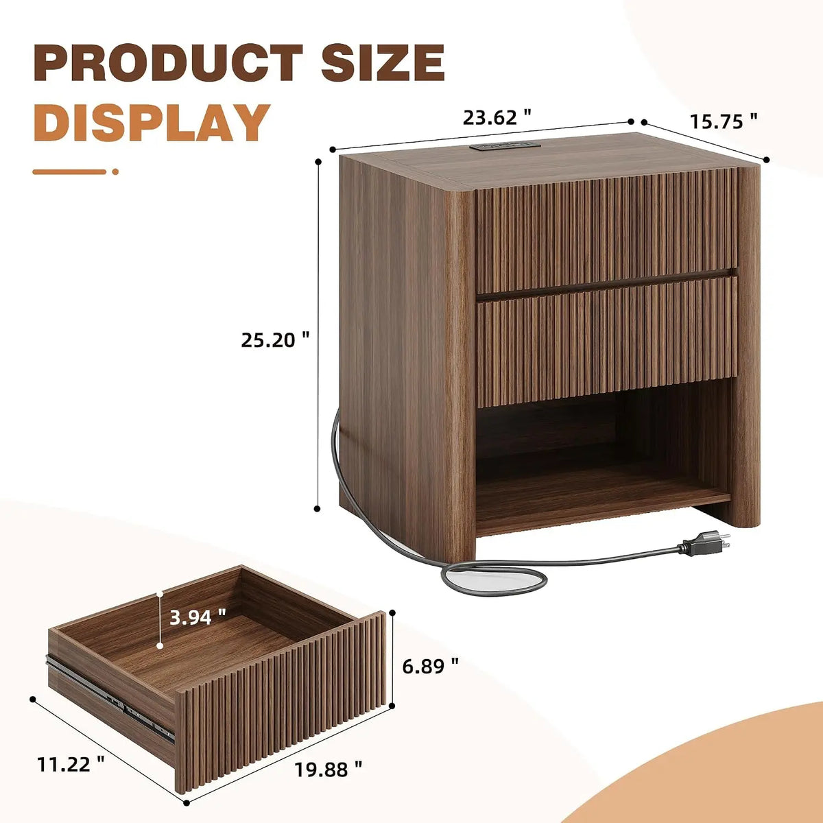 Novilla Fluted Wooden Nightstand With Integrated Charging Station