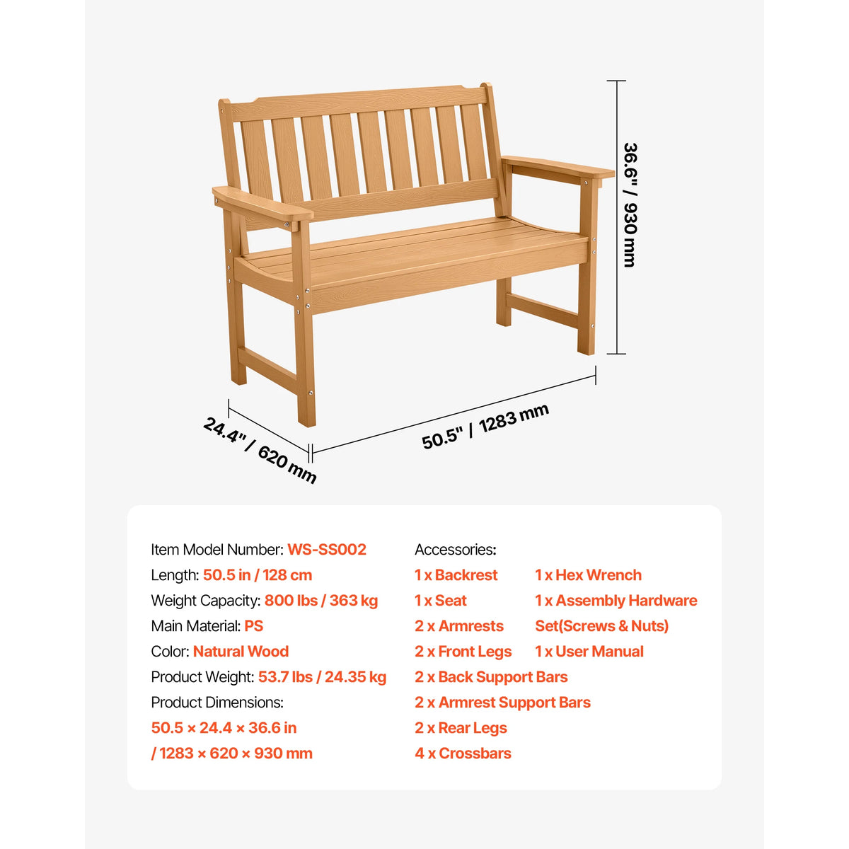 SucceBuy Wooden Outdoor Garden Bench With Sturdy Metal Patio Frame