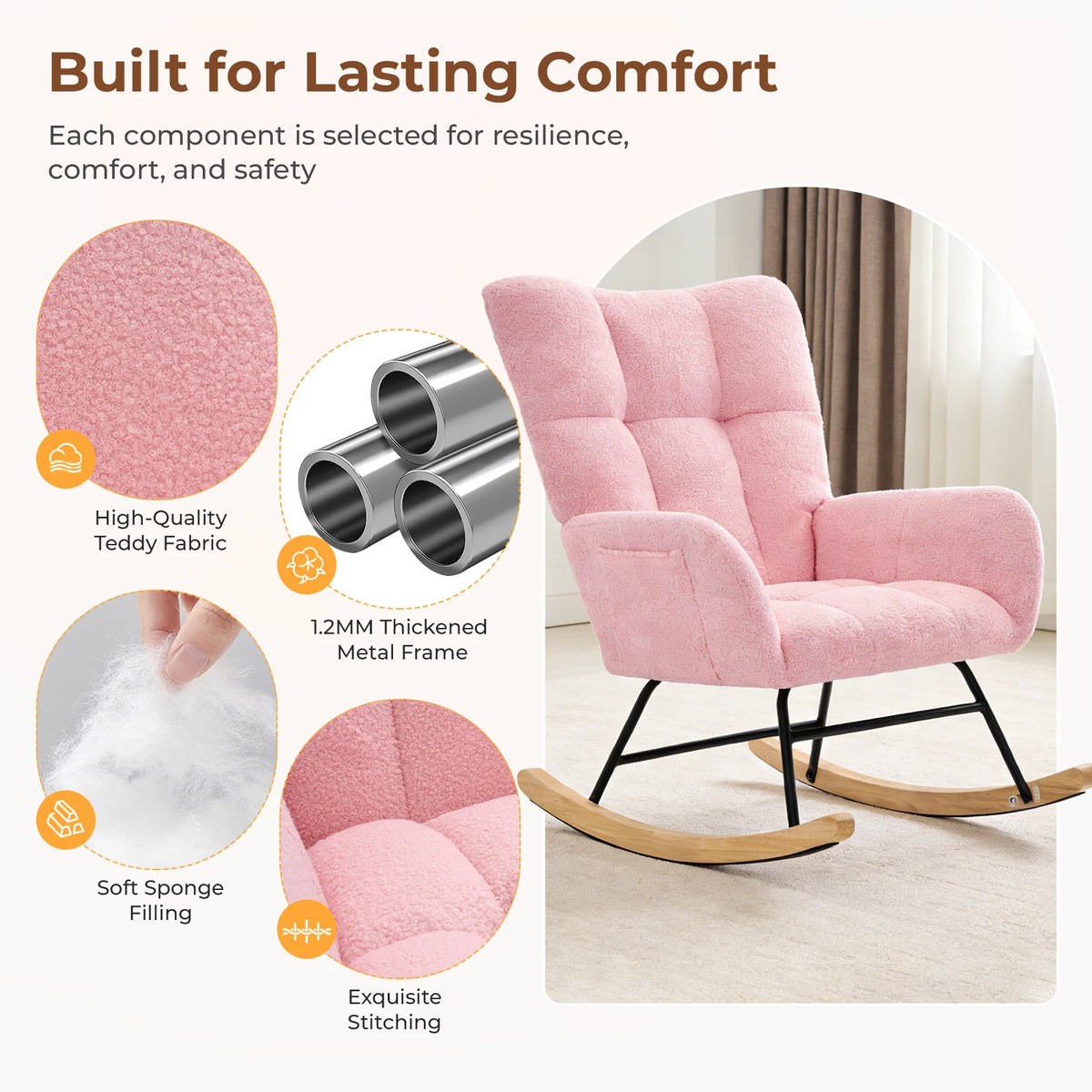 JHK Modern Velvet Saucer Rocking Chair With Padded Metal Frame